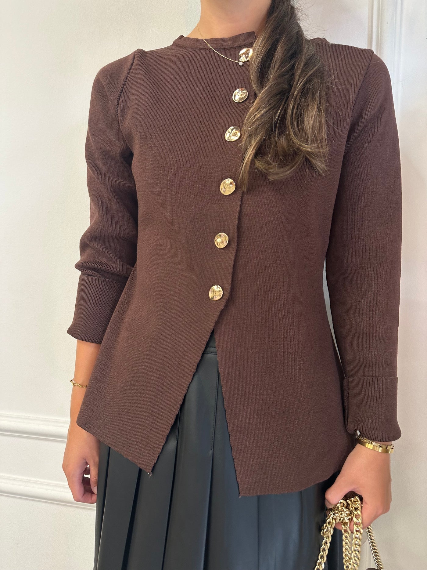 Vestje gebreid gold button Q611 Brown