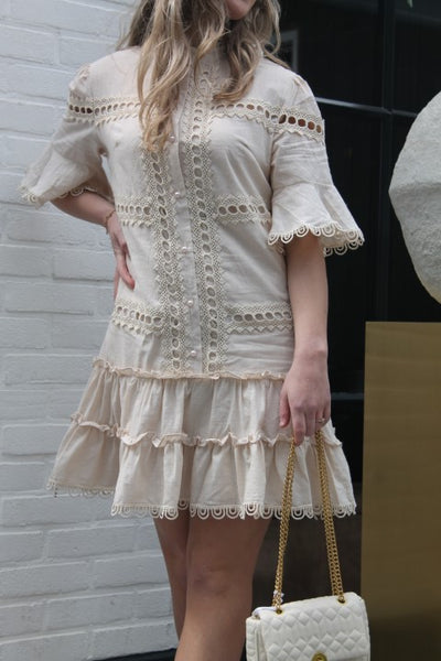 Dress linnenlook opengewerkt A68266 Beige