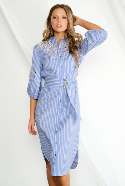 Jurk maxi met borduursel A760 Blue stripes
