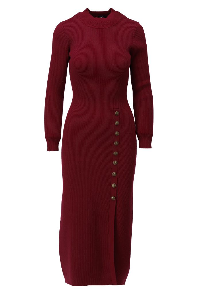 Jurk rib met knopen B870 Bordeaux