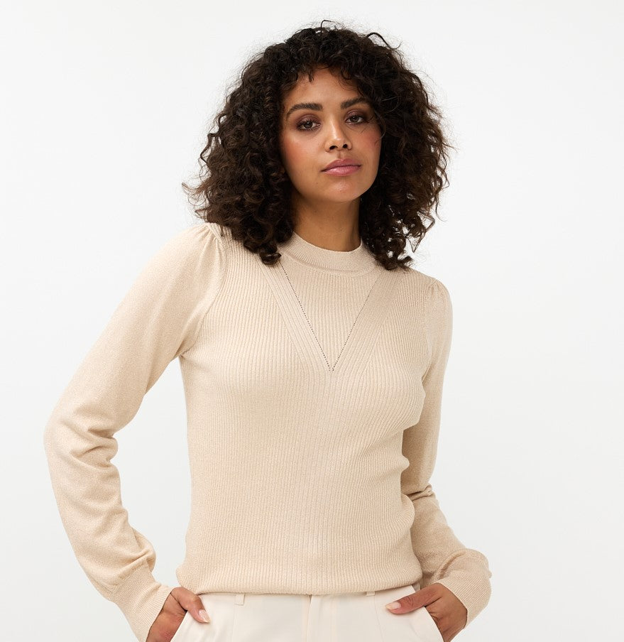 Sweater mix rib v-detail lurex F24.31501 Light sand