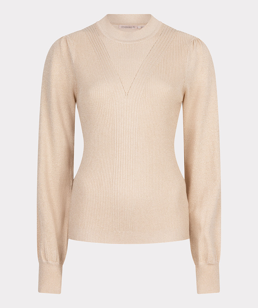 Sweater mix rib v-detail lurex F24.31501 Light sand