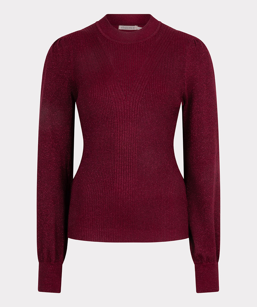 Sweater mix rib v-detail lurex F24.31501 Wine red